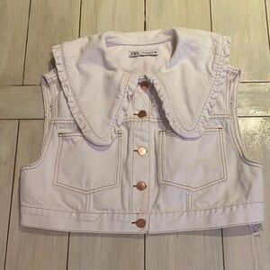 Zara Cream Ivory Denim Vest with Collar Medium